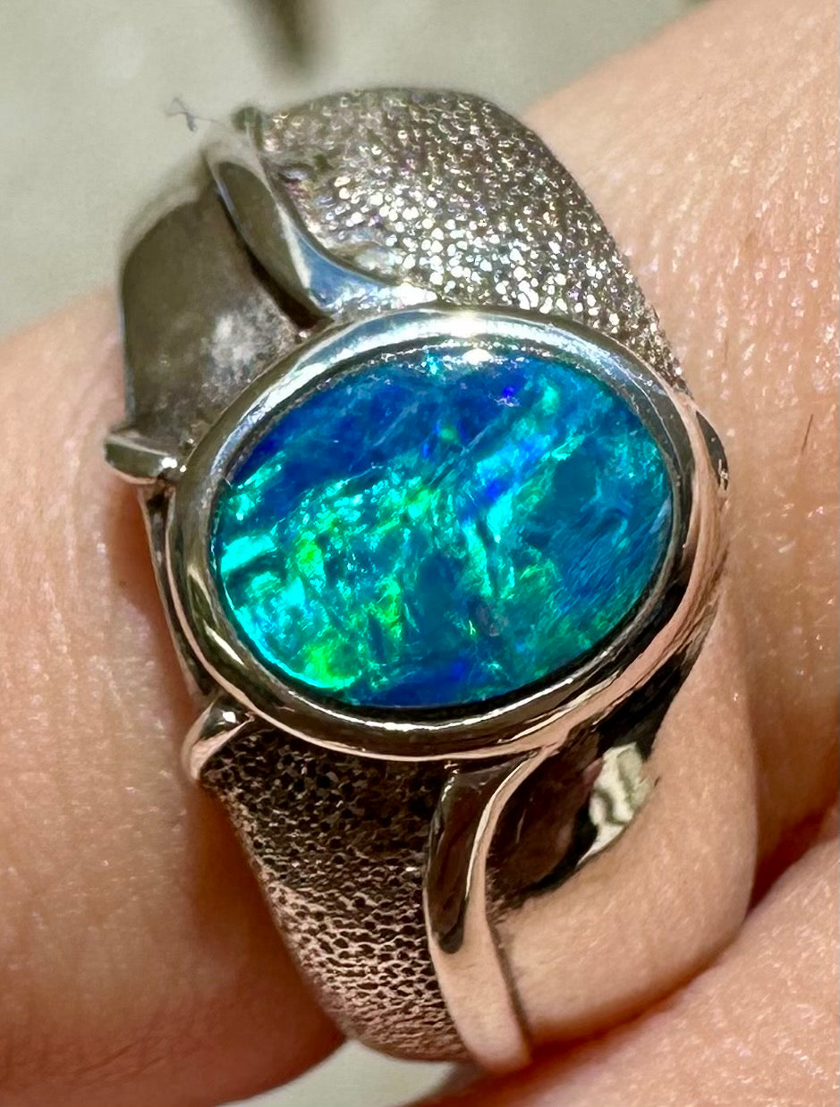 Australian opal ring sterling silver 5.75