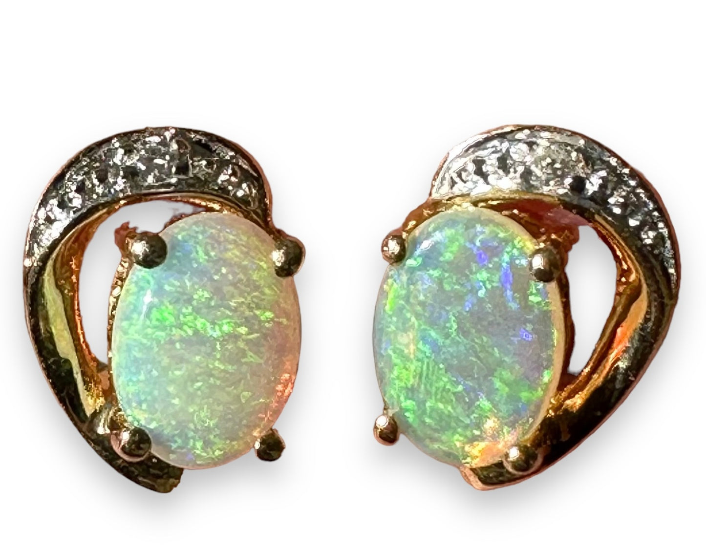 Elegant 14k yellow gold, diamonds and solid opal earrings - Opal Essence Wholesalers 