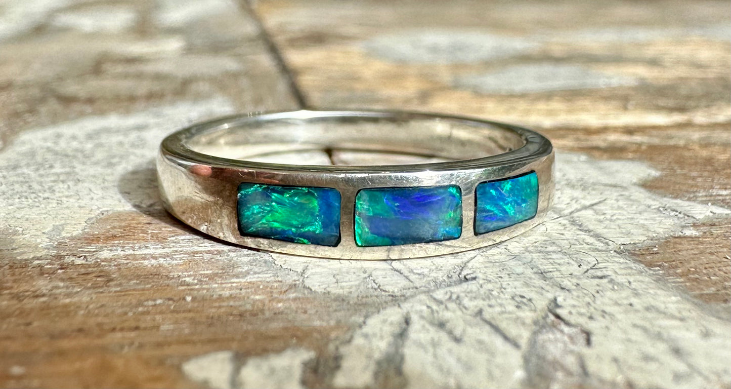 Genuine Australian opal sterling silver inlay ring