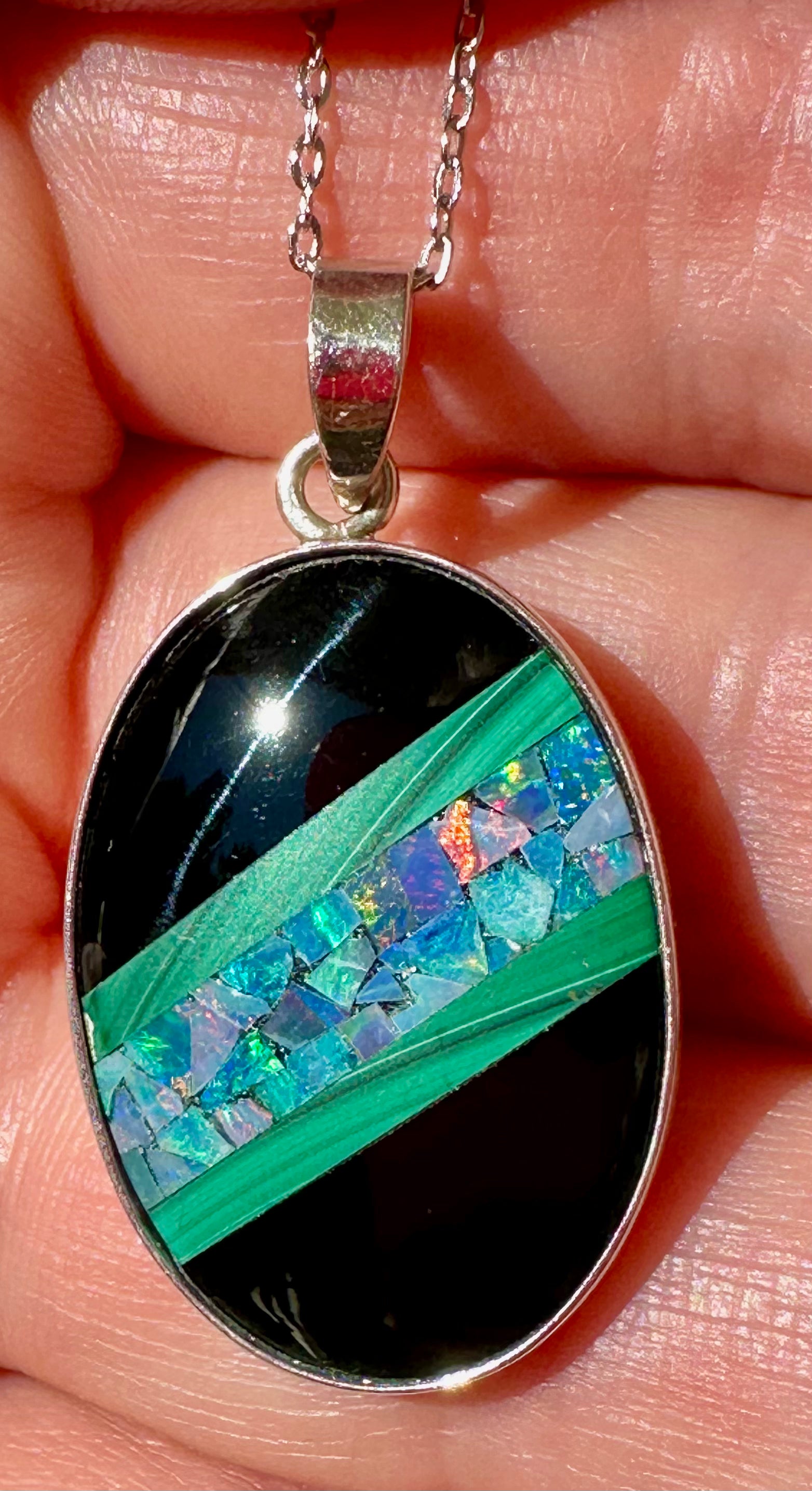 Elegant handmade Australian opal and malachite pendant