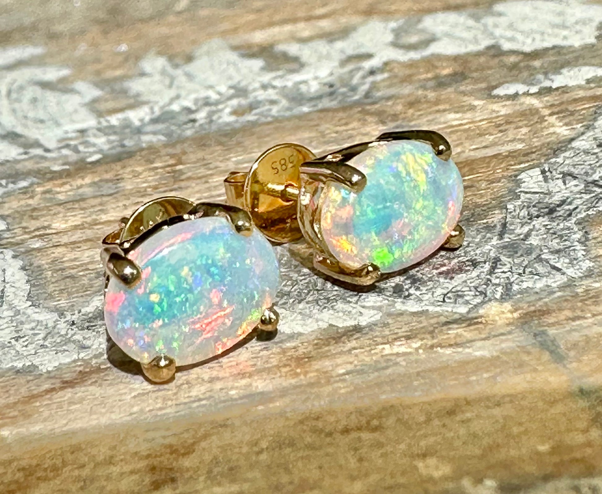 Beautiful Opal Earrings Set In 14k Yellow Gold