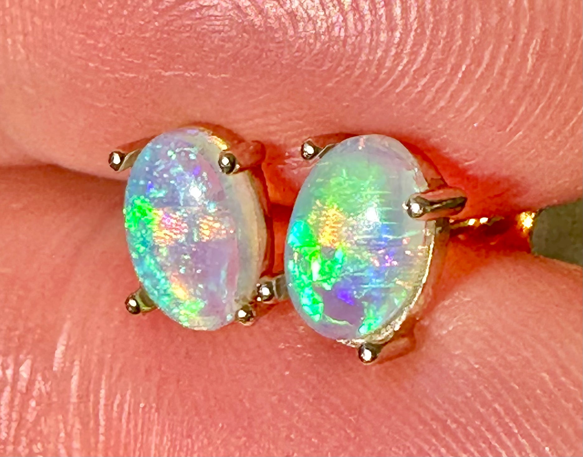 Crystal opal stud earrings set in 14k yellow gold