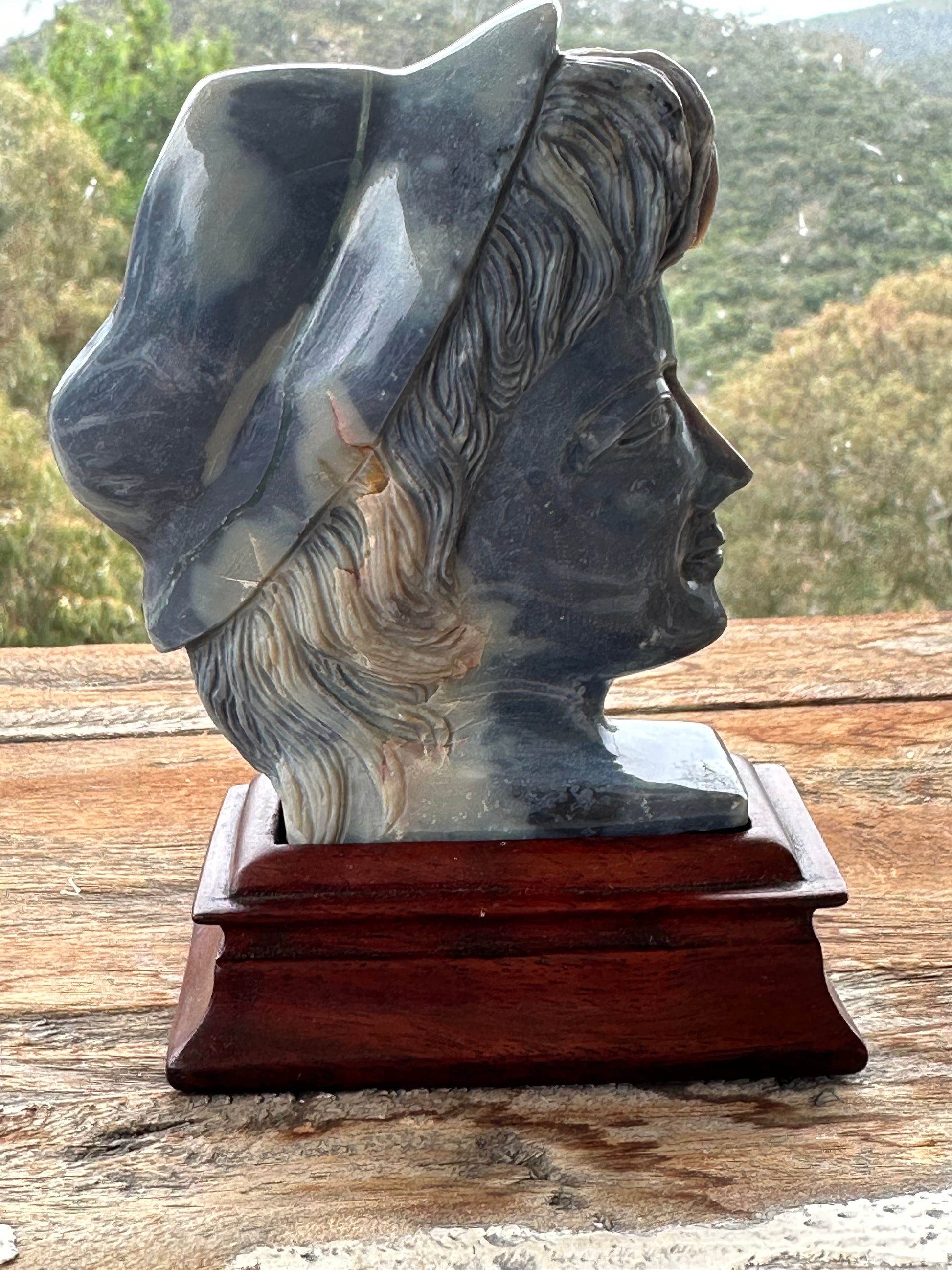 Large Australian Black Potch Opal Cameo Figurine Carving on a stand
