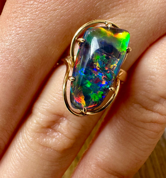 Stunning Opal Triplet Ring 14k Yellow Gold