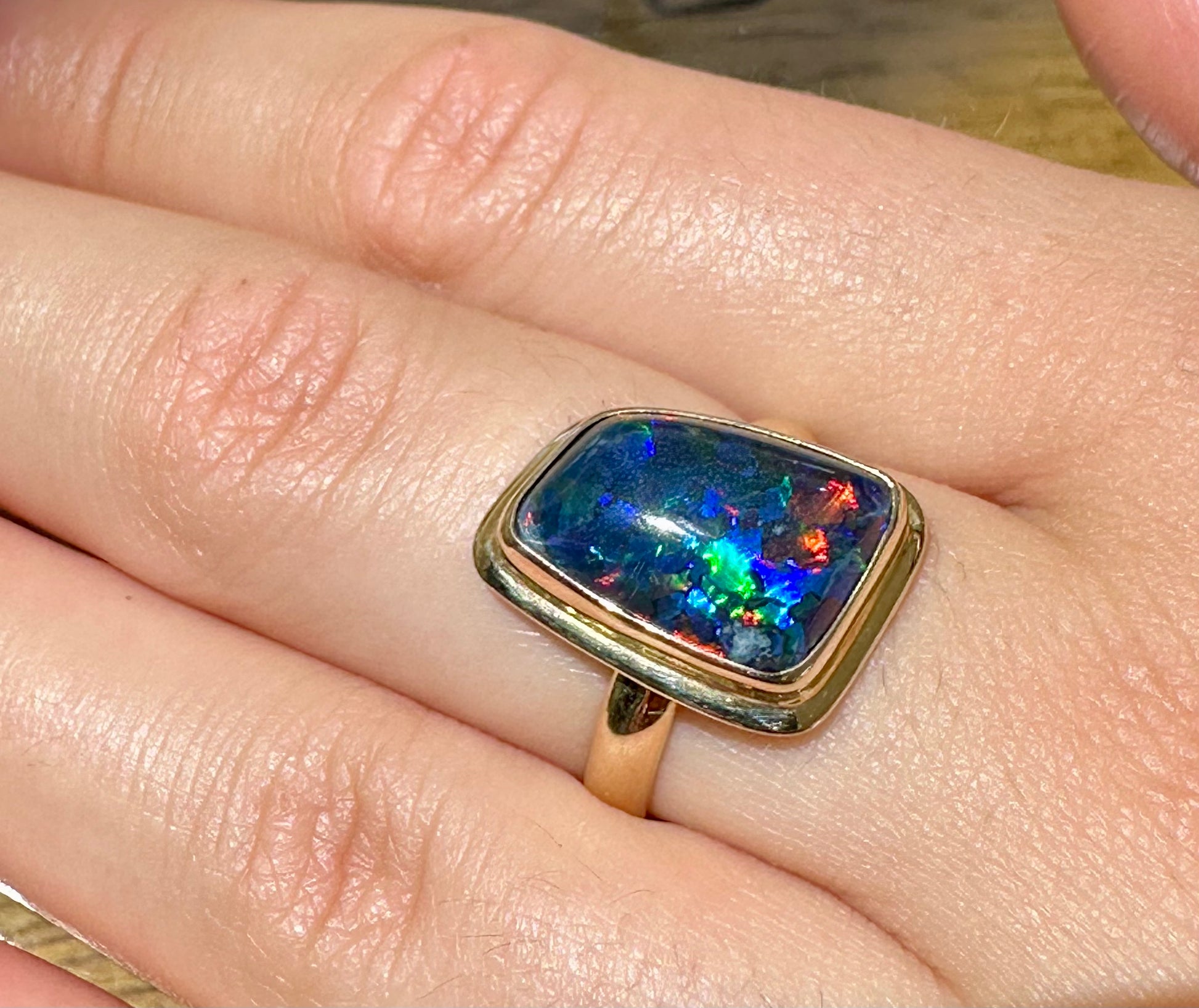 Super Gem Australian Opal Triplet Ring 14k Yellow Gold - Opal Essence Wholesalers 