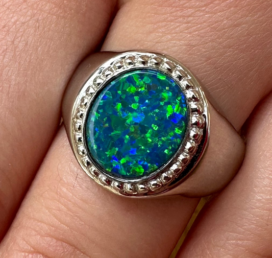 Unisex Australian Opal and Sterling Silver Ring Size V