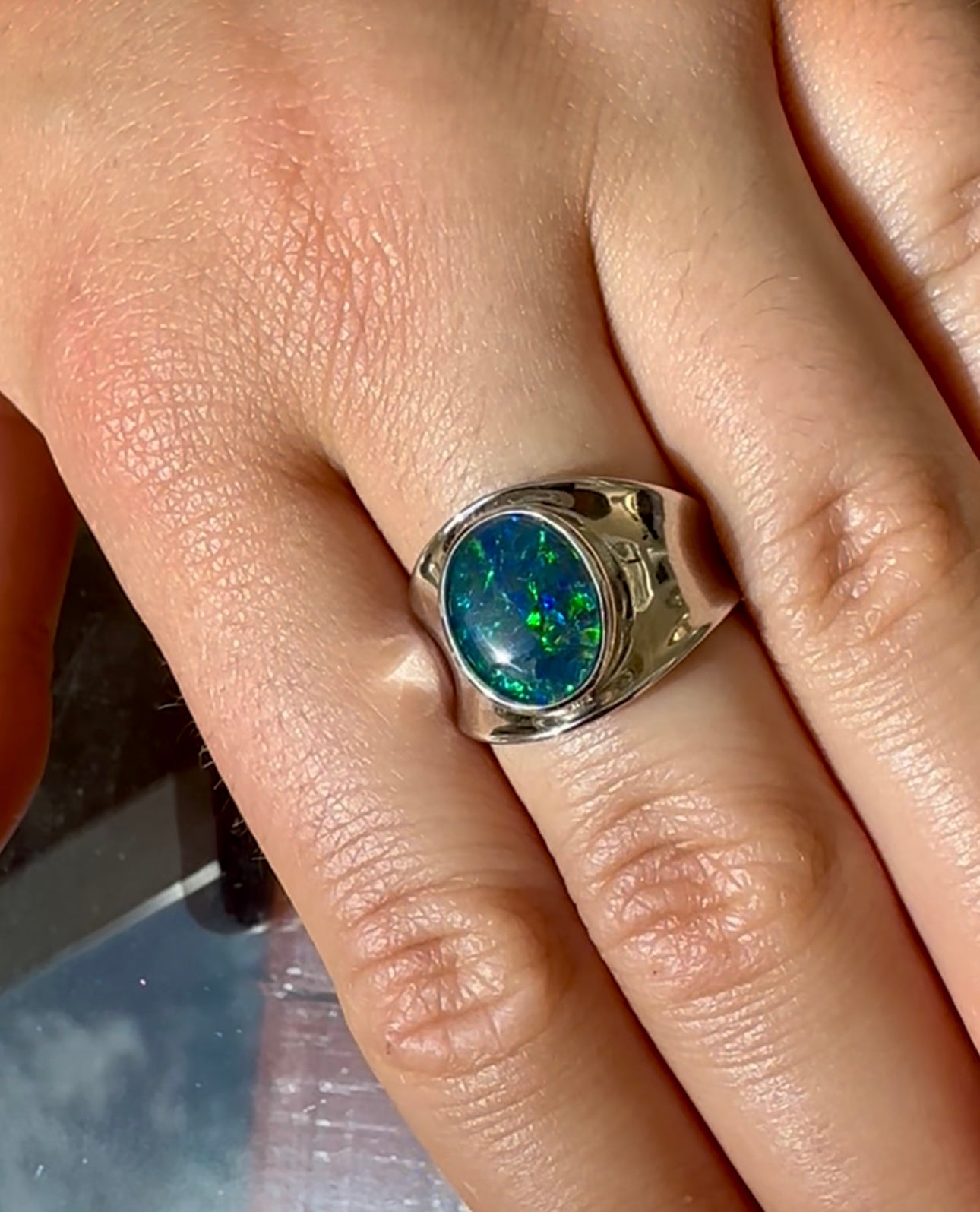 Australian opal and sterling silver ring size 6.75 or N 1/2