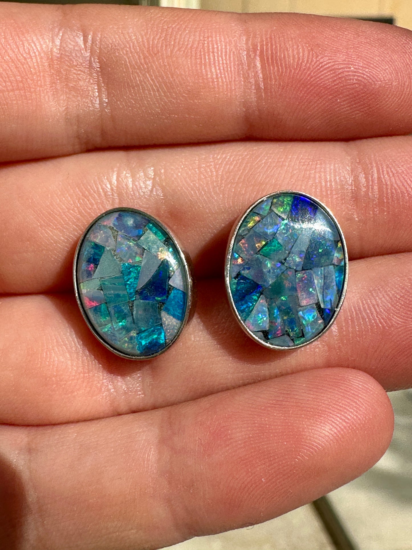 Mosaic triplet opal earrings - Australian natural Opal mosaic set in sterling silver 24.95 cts