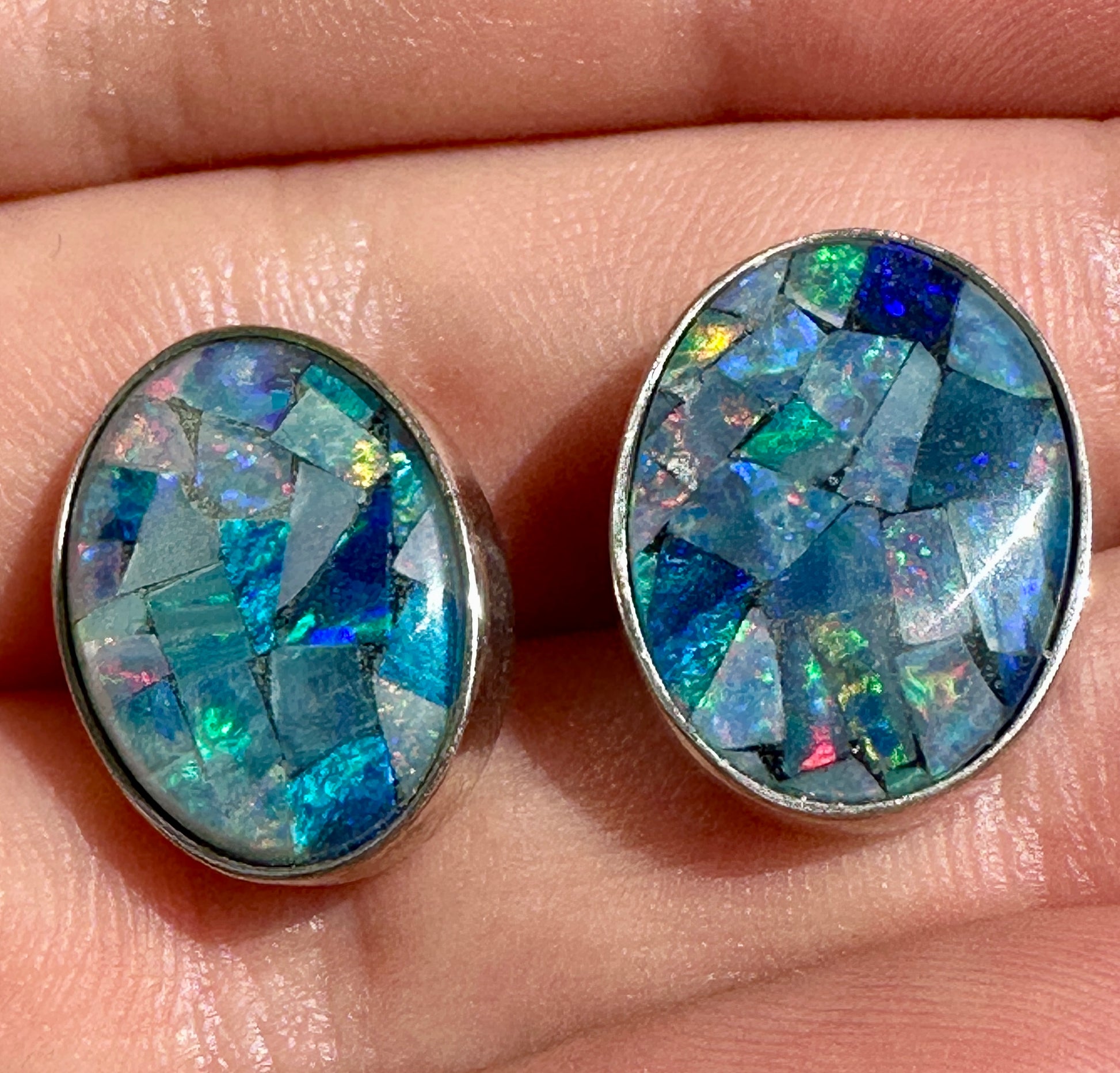 Mosaic triplet opal earrings - Australian natural Opal mosaic set in sterling silver 24.95 cts