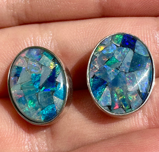 Mosaic triplet opal earrings - Australian natural Opal mosaic set in sterling silver 24.95 cts