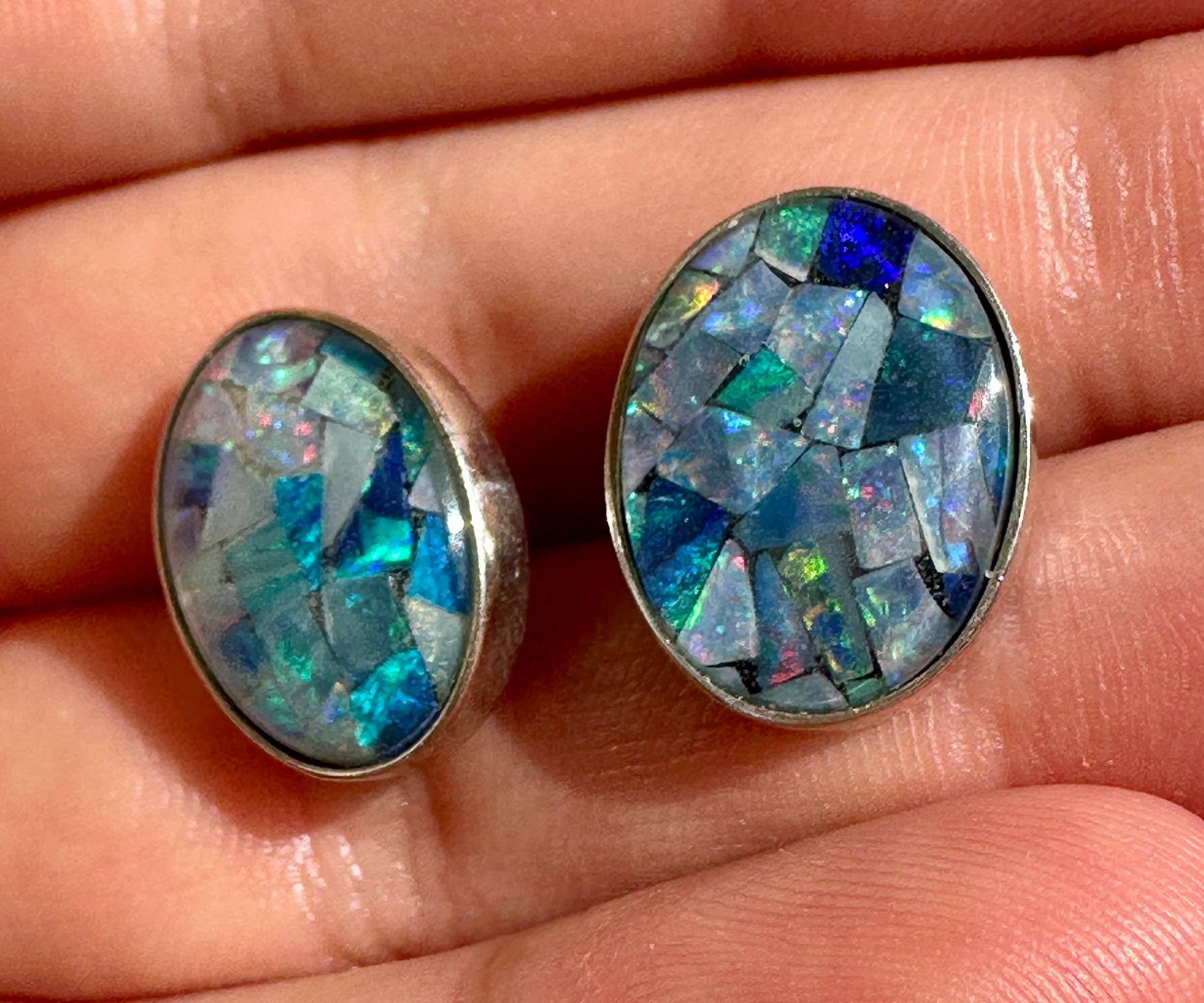 Mosaic triplet opal earrings - Australian natural Opal mosaic set in sterling silver 24.95 cts