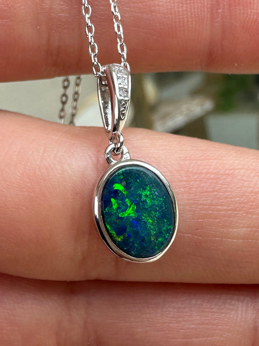 Coober Pedy drop pendant - Australian Opal set in sterling silver encrusted with Cubic Zirconia diamonds 5.98 cts