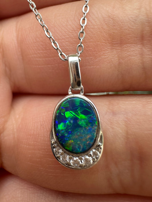 Coober Pedy drop pendant - Australian Opal set in sterling silver encrusted with Cubic Zirconia diamonds 5.84 cts