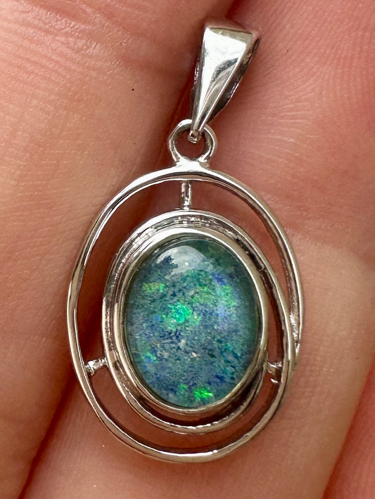 Australian muliticolored opal doublet drop pendant set in sterling silver and encrusted with cubic zirconia diamonds 7.27 cts