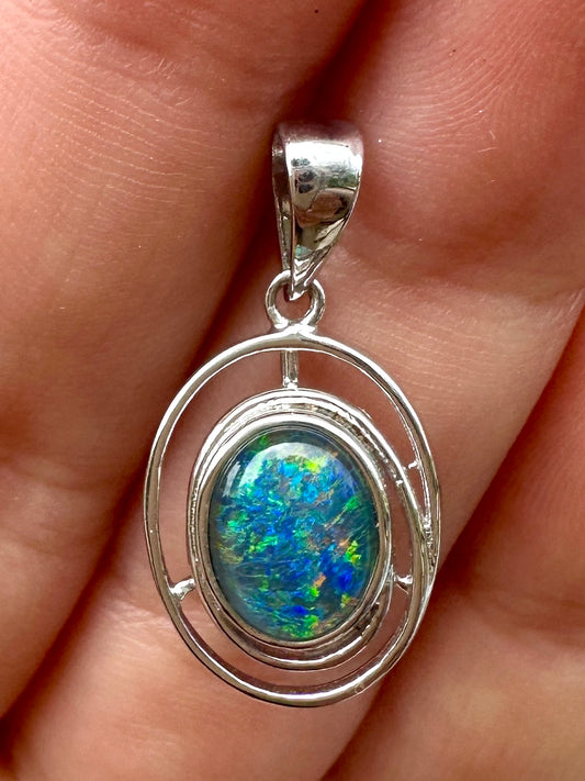 Australian muliticolored opal doublet drop pendant set in sterling silver and encrusted with cubic zirconia diamonds 7.585 cts