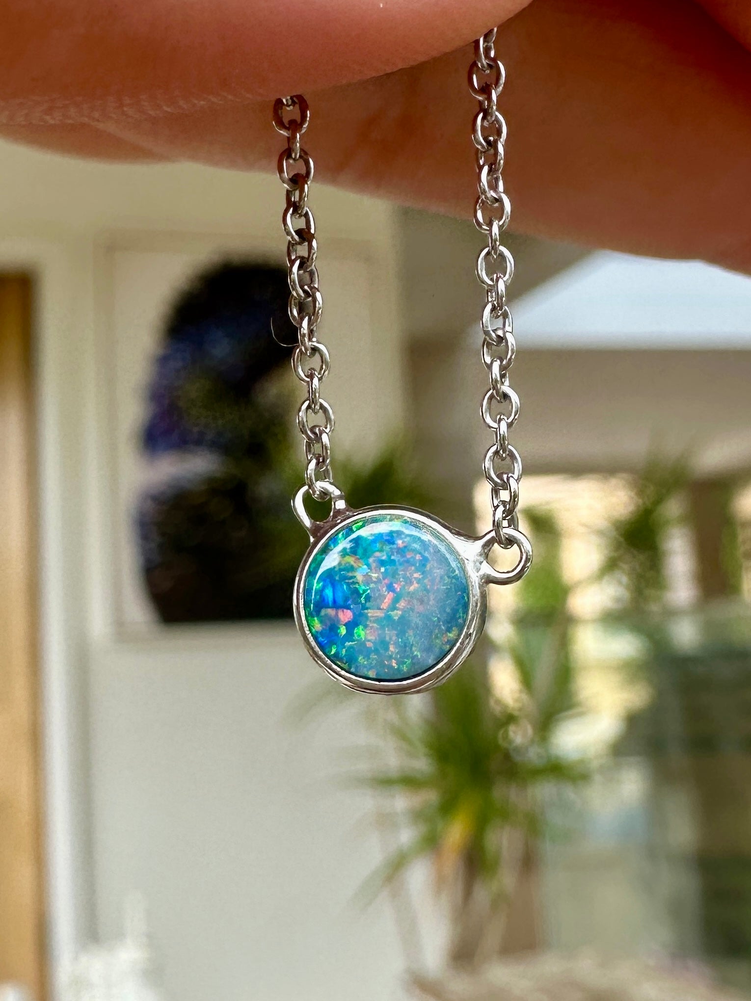Australian muliticolored opal doublet drop pendant set in sterling silver chain 14.395 cts