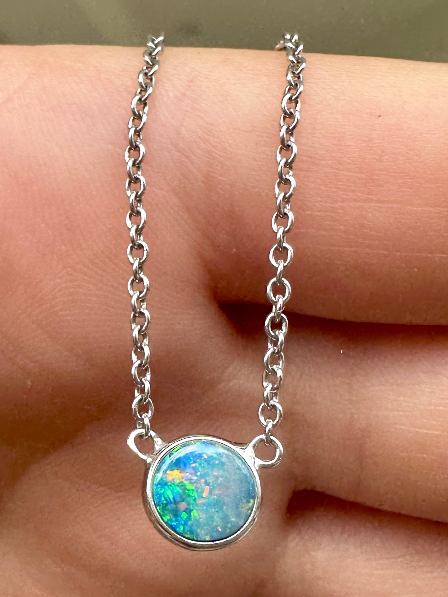 Australian muliticolored opal doublet drop pendant set in sterling silver chain 14.395 cts