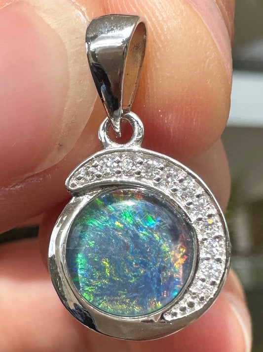 Australian muliticolored opal doublet drop pendant set in sterling silver and encrusted with cubic zirconia diamonds 7.30 cts