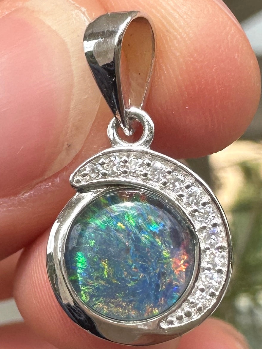 Australian muliticolored opal doublet drop pendant set in sterling silver and encrusted with cubic zirconia diamonds 7.30 cts