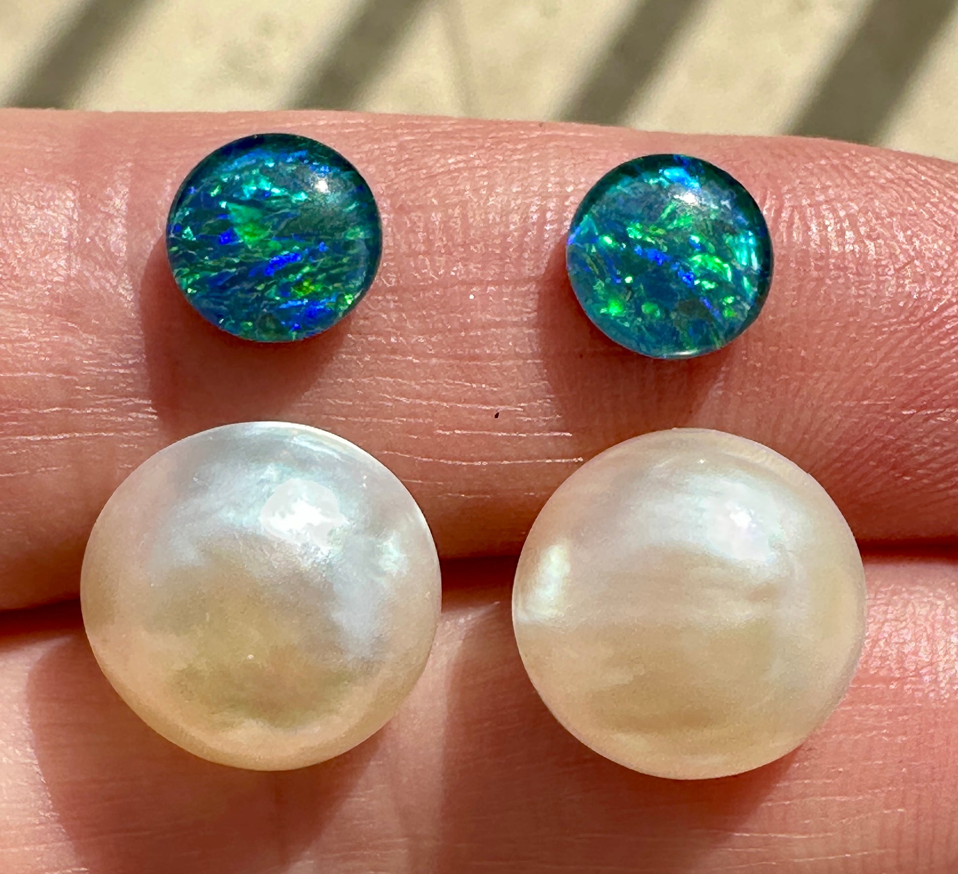 Australian Opal triplet & Mabe Pearl multicoloured unset earring pair 3.12 cts & 11.85 cts