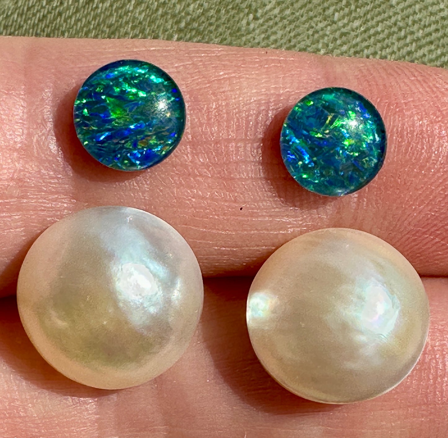 Australian Opal triplet & Mabe Pearl multicoloured unset earring pair 3.12 cts & 11.85 cts