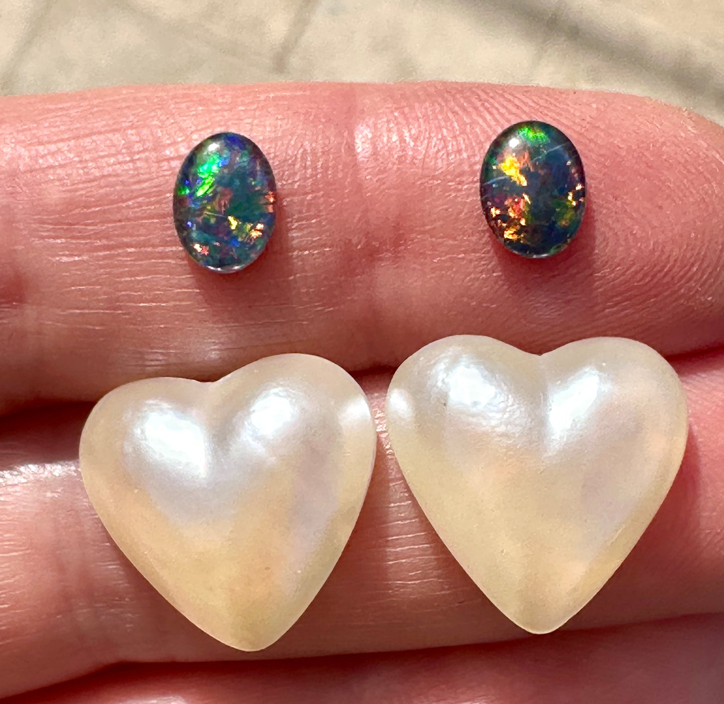 Australian opal triplet & mabe pearl multicoloured unset earring pair 1.59 cts / 13.15 cts