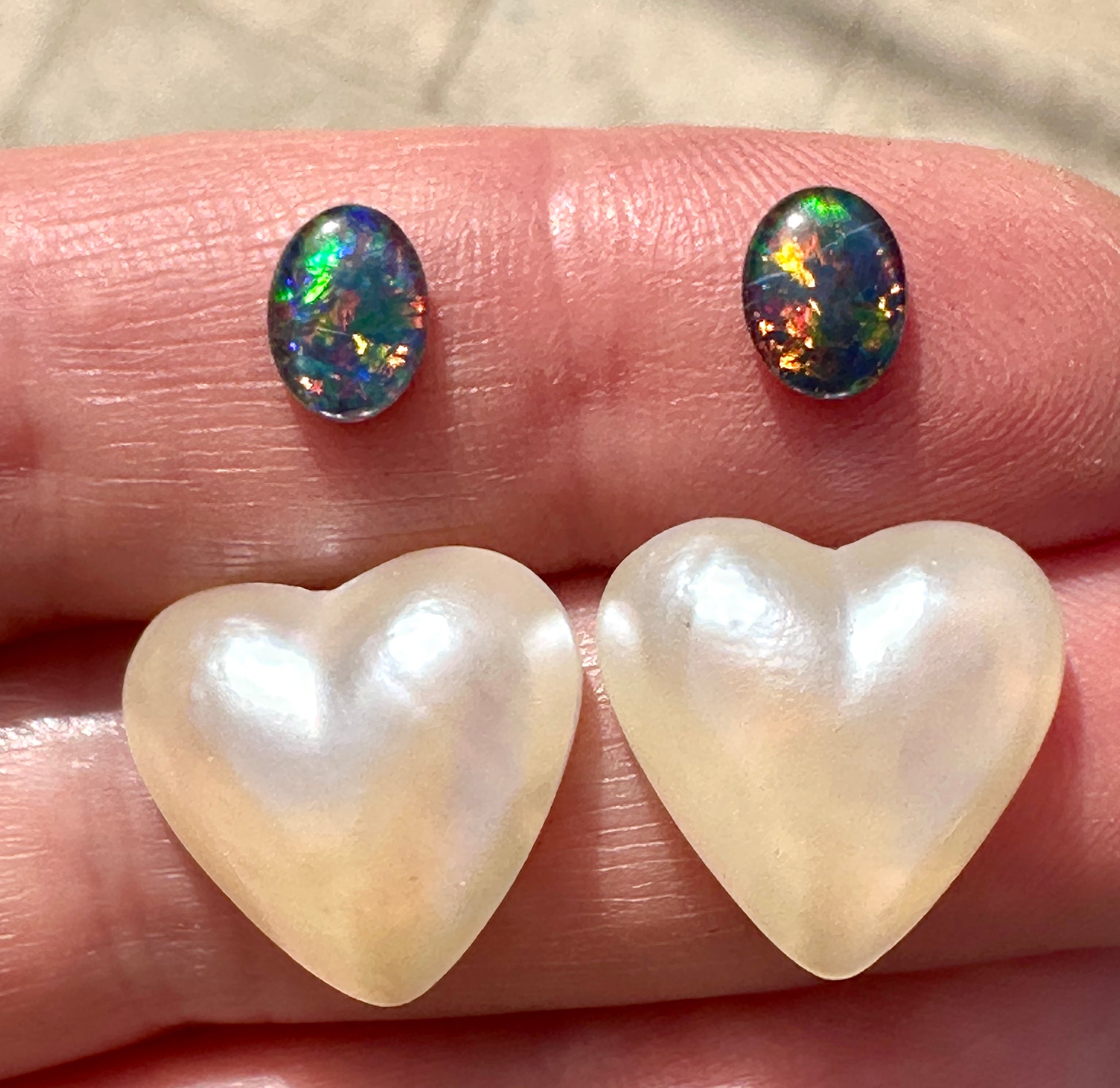 Australian opal triplet & mabe pearl multicoloured unset earring pair 1.59 cts / 13.15 cts