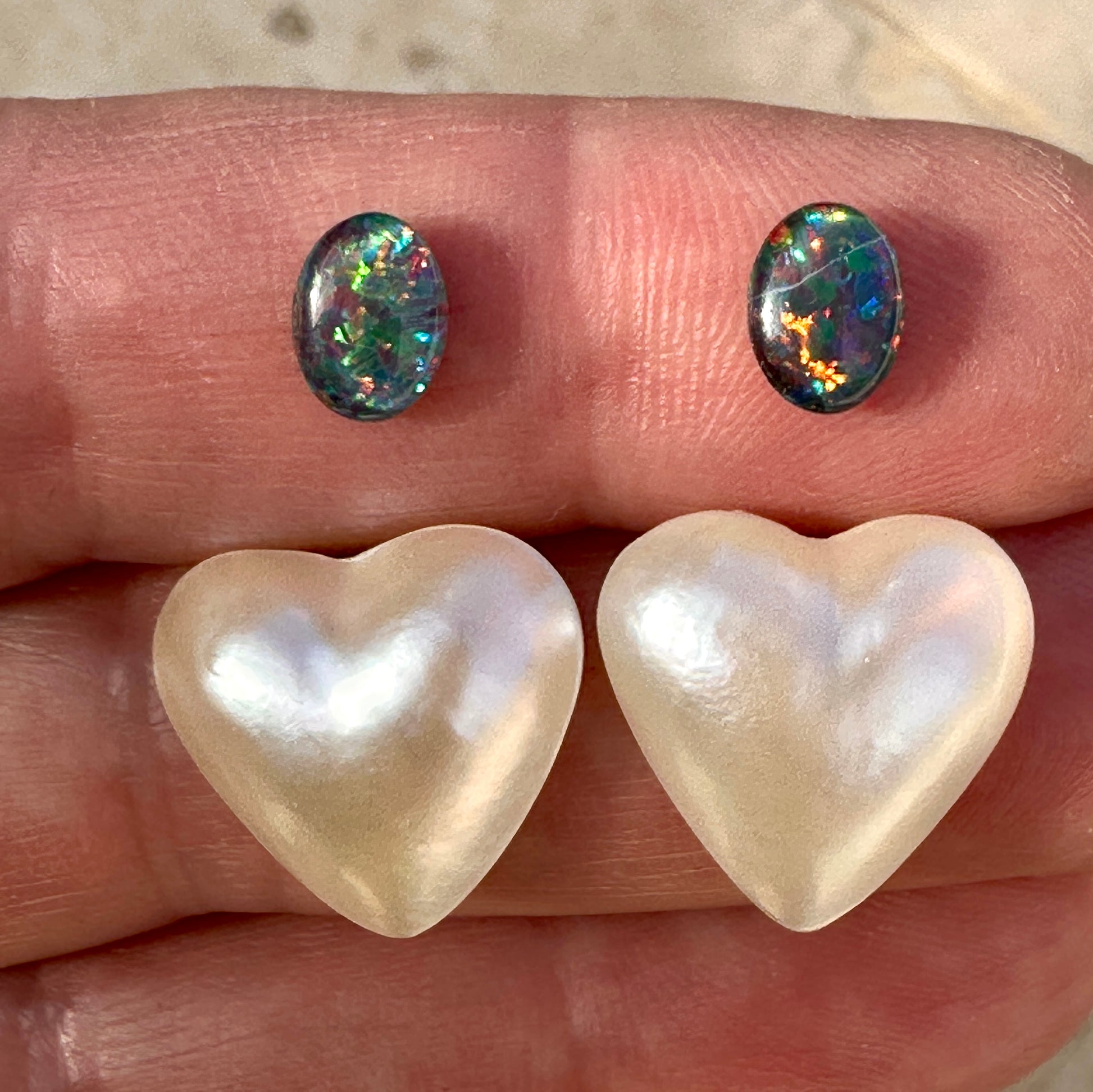 Australian opal triplet & mabe pearl multicoloured unset earring pair 1.59 cts / 13.15 cts