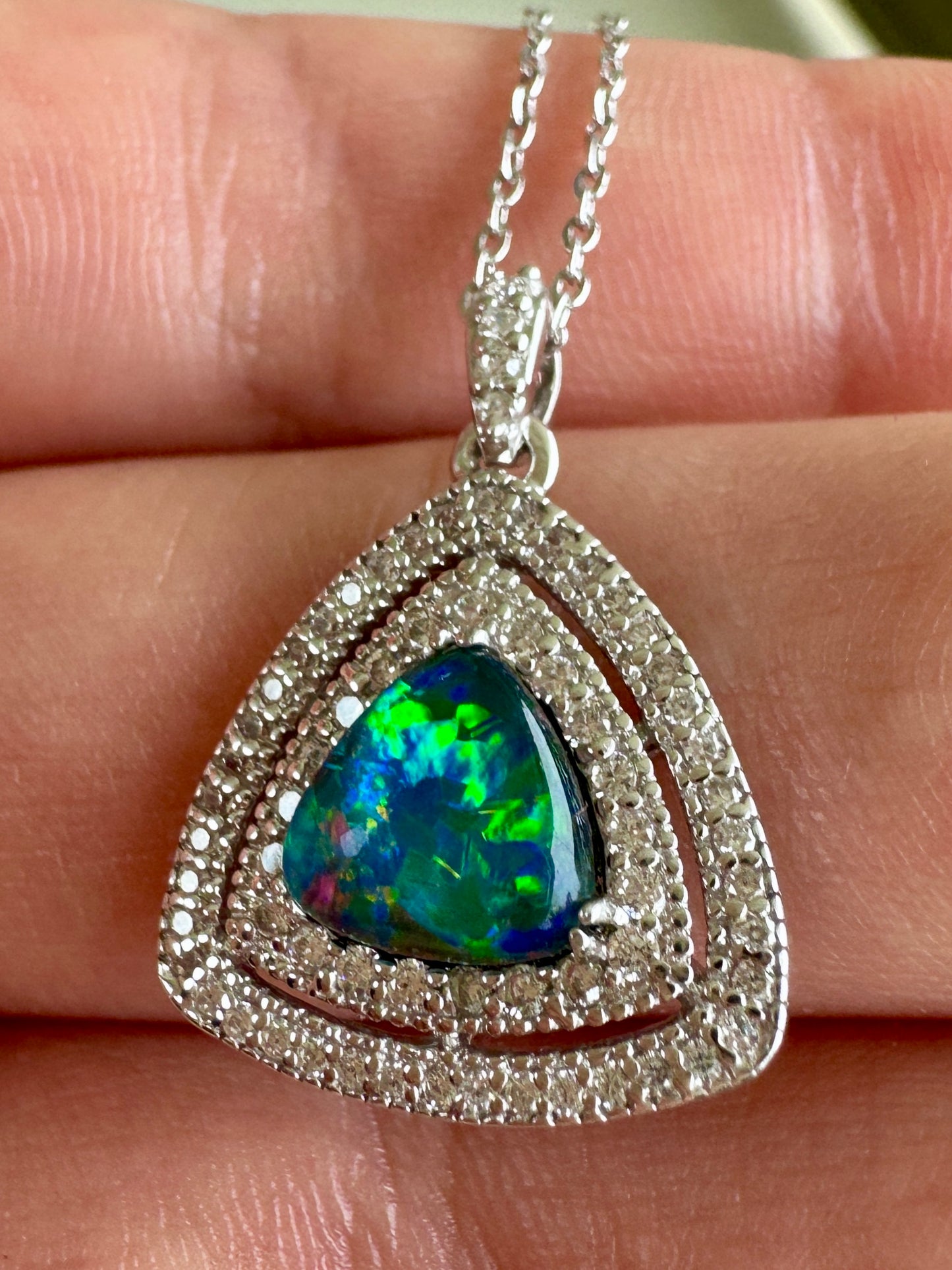 Coober Pedy triplet opal pendant - Australian natural Opal triplet set in sterling silver encrusted with Cubic Zirconia diamonds 12.05 cts
