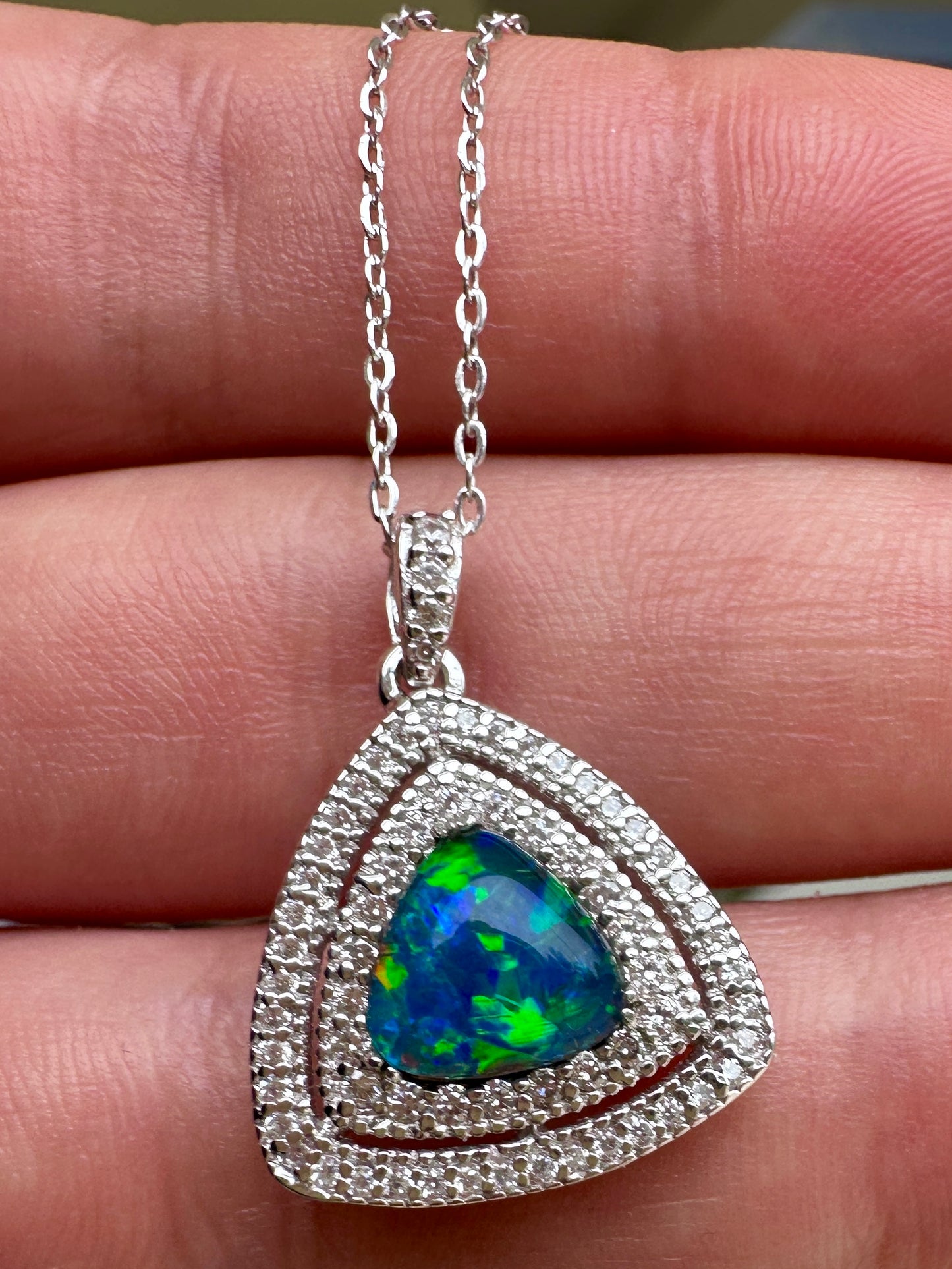 Coober Pedy triplet opal pendant - Australian natural Opal triplet set in sterling silver encrusted with Cubic Zirconia diamonds 12.05 cts