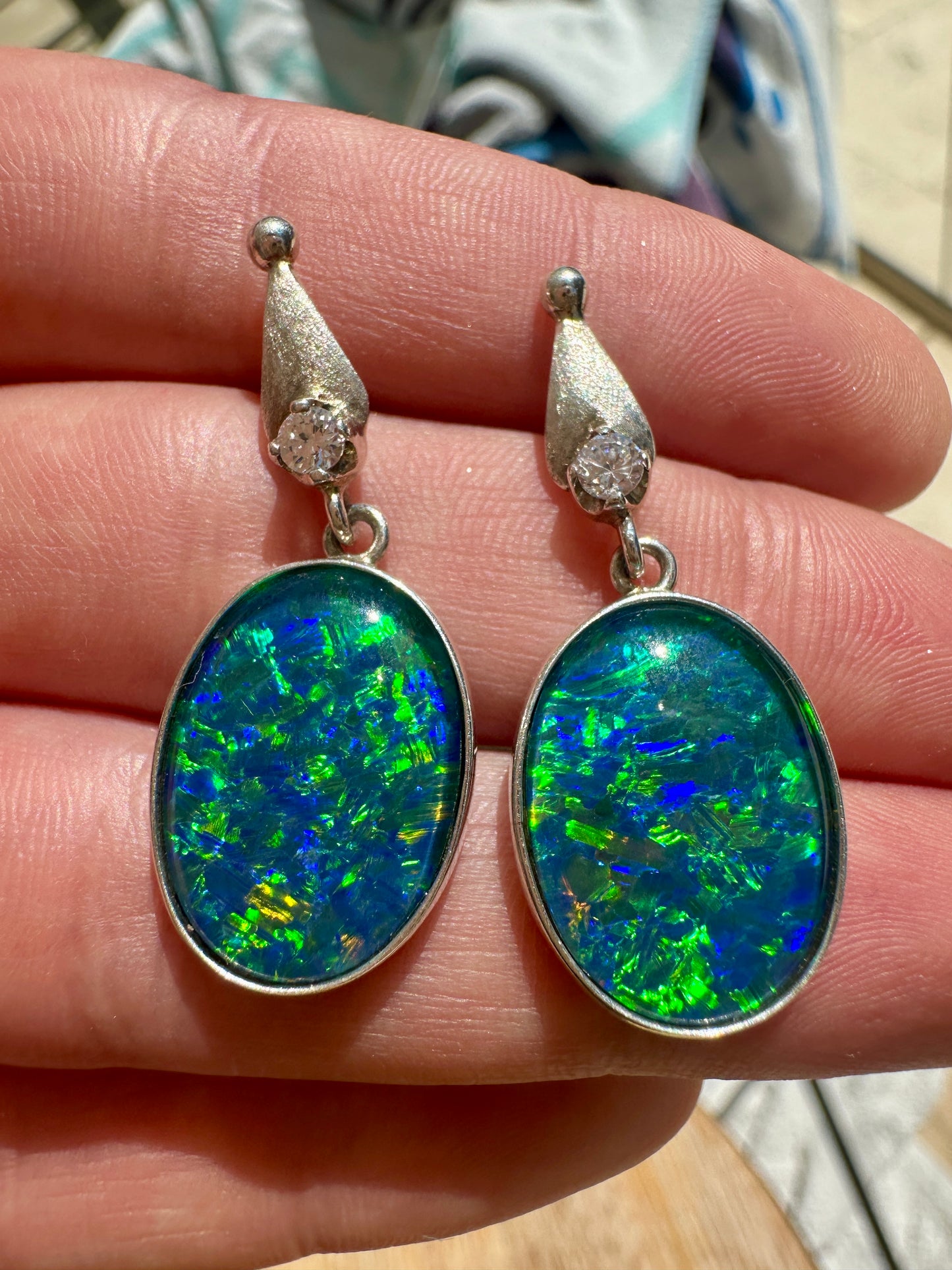 Australian Opal Triplet Sterling Silver Earrings with Cubic Zirconia 30.25cts - Blue Green 18x13mm