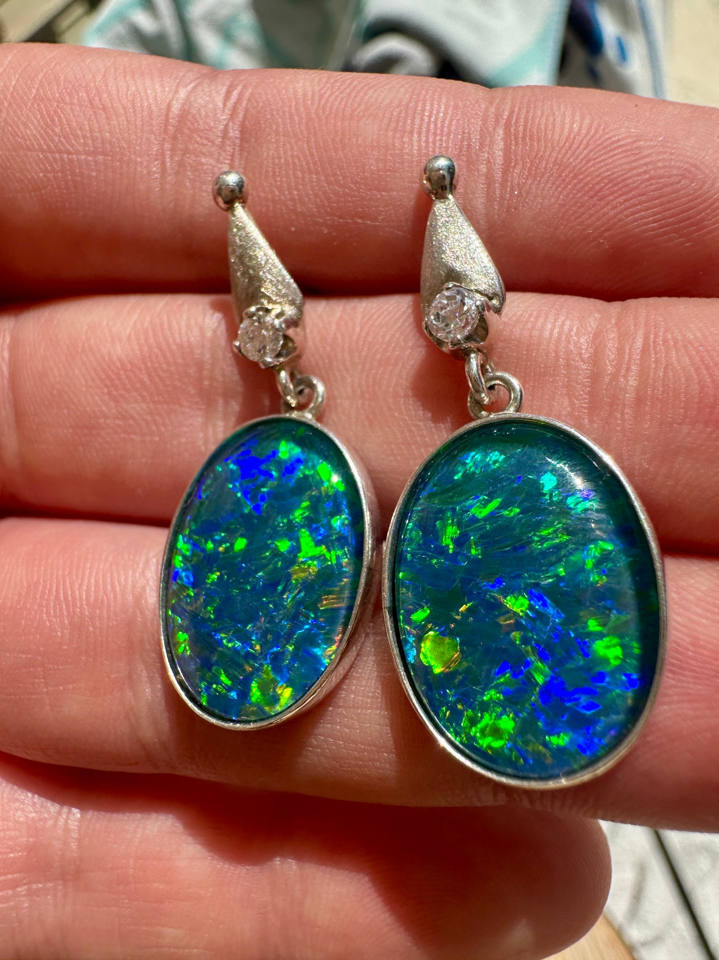 Australian Opal Triplet Sterling Silver Earrings with Cubic Zirconia 30.25cts - Blue Green 18x13mm