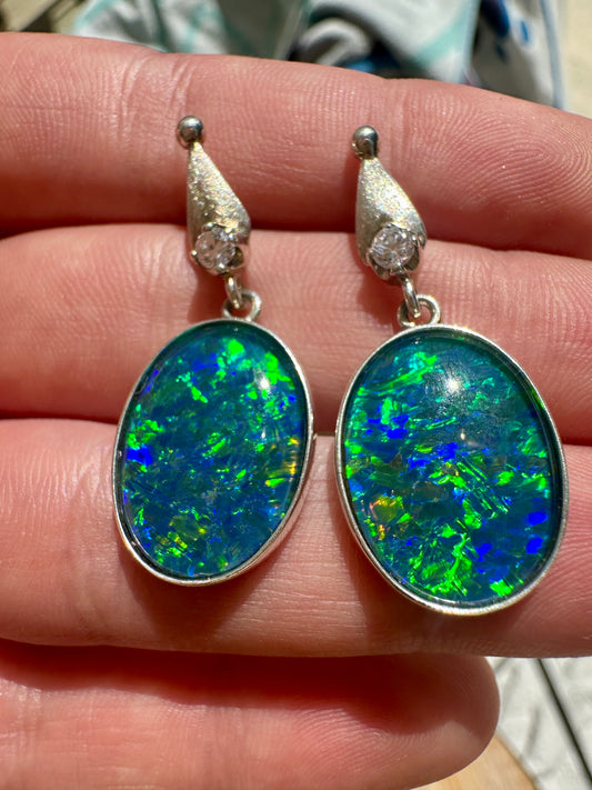 Australian Opal Triplet Sterling Silver Earrings with Cubic Zirconia 30.25cts - Blue Green 18x13mm