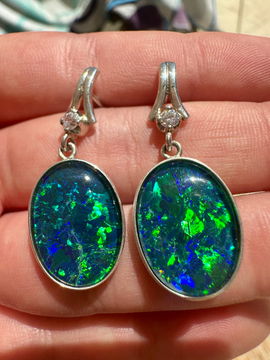 Australian Opal Triplet Sterling Silver Earrings with Cubic Zirconia 32.14cts - Blue Green 18x13mm