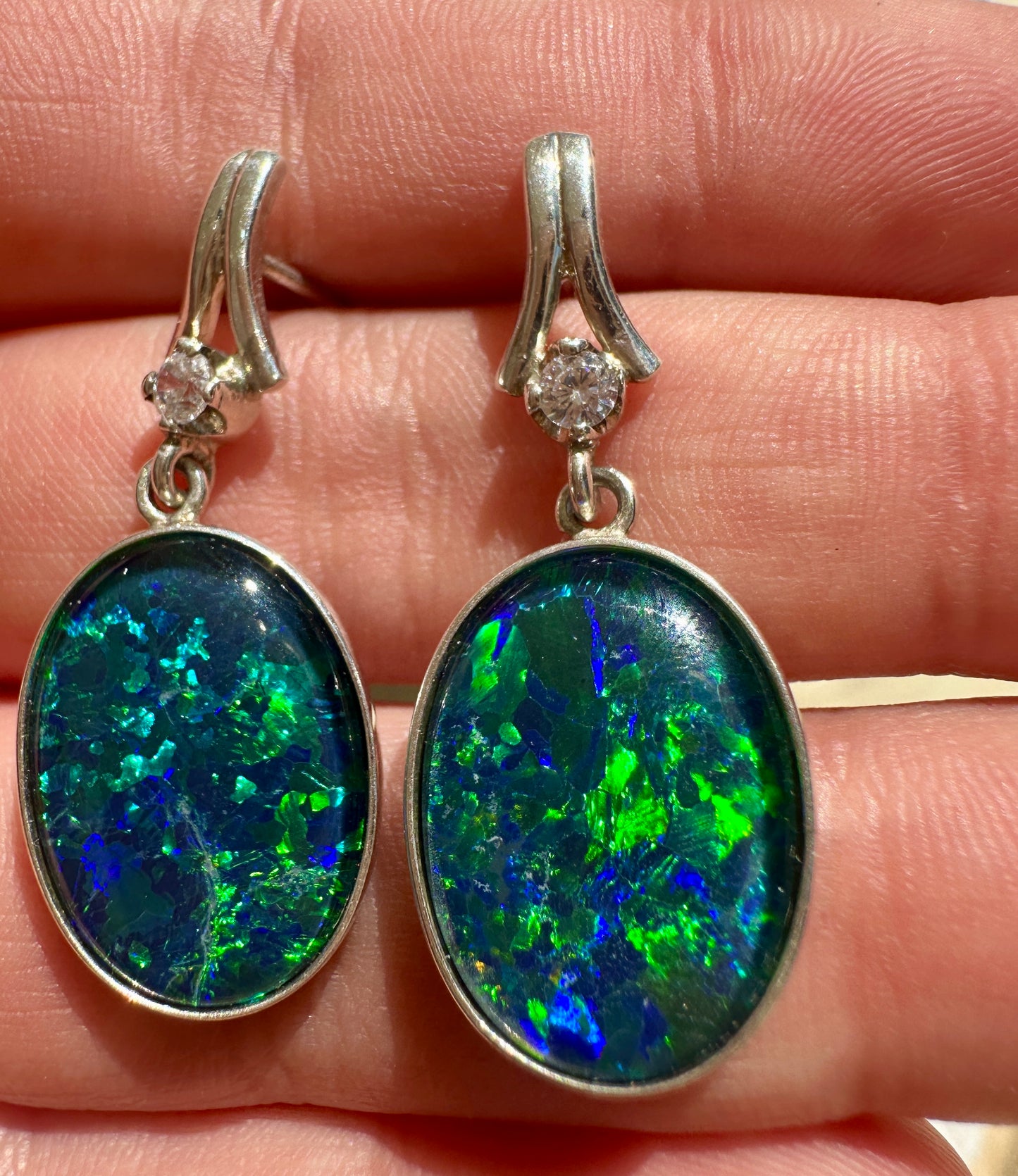 Australian Opal Triplet Sterling Silver Earrings with Cubic Zirconia 32.14cts - Blue Green 18x13mm