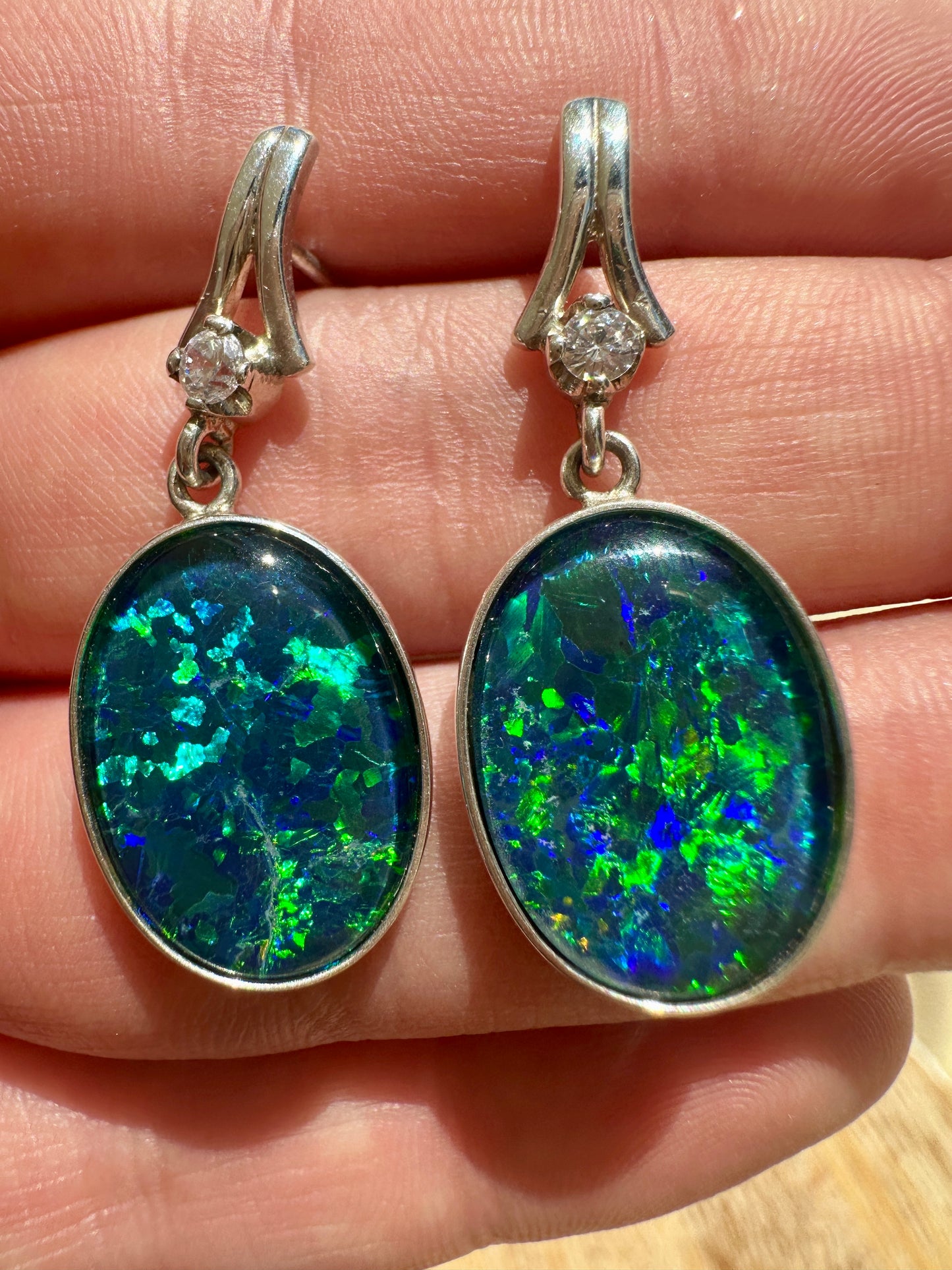 Australian Opal Triplet Sterling Silver Earrings with Cubic Zirconia 32.14cts - Blue Green 18x13mm
