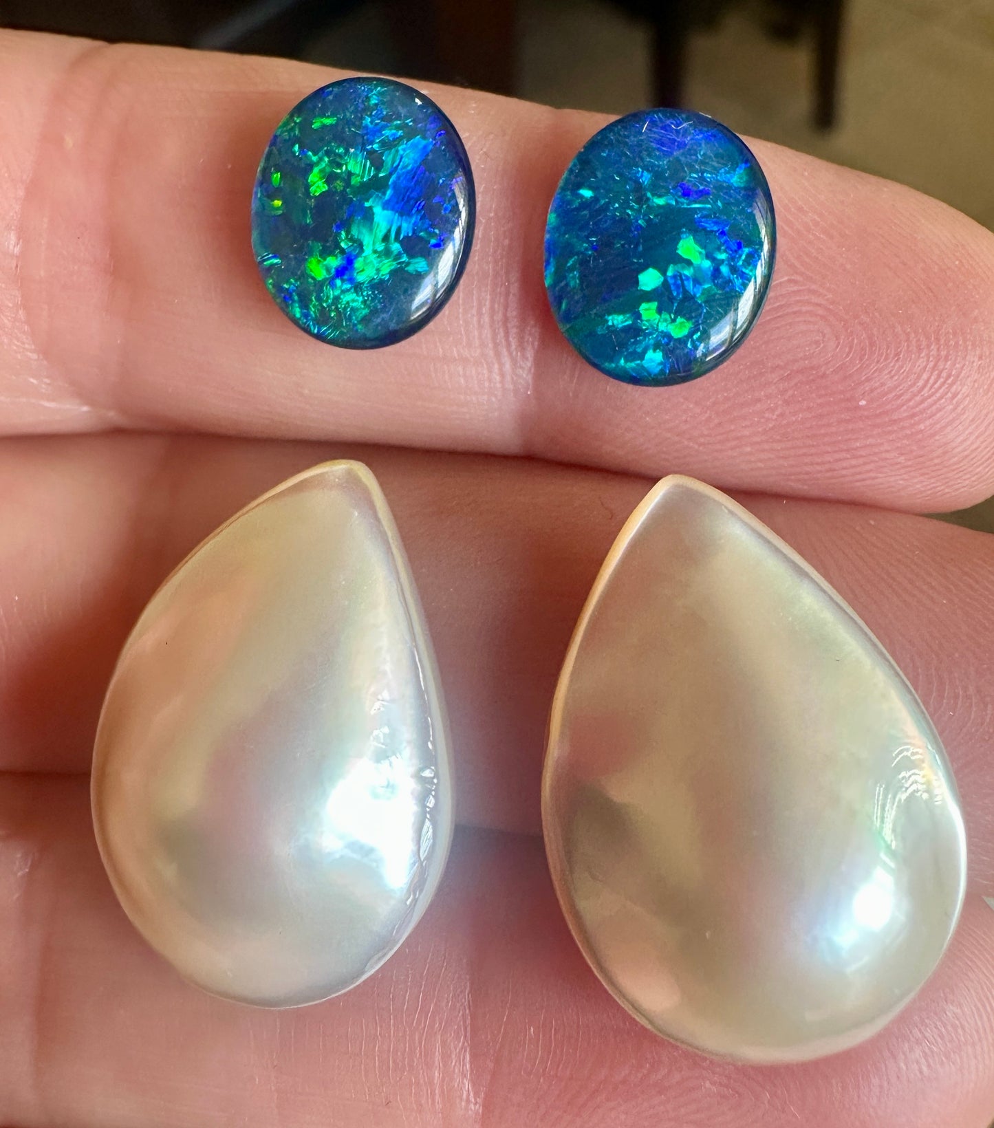 Opal Essence Australian Mabe pearls and Multicolored Blue/Green Opal Triplets Earring deisgn 