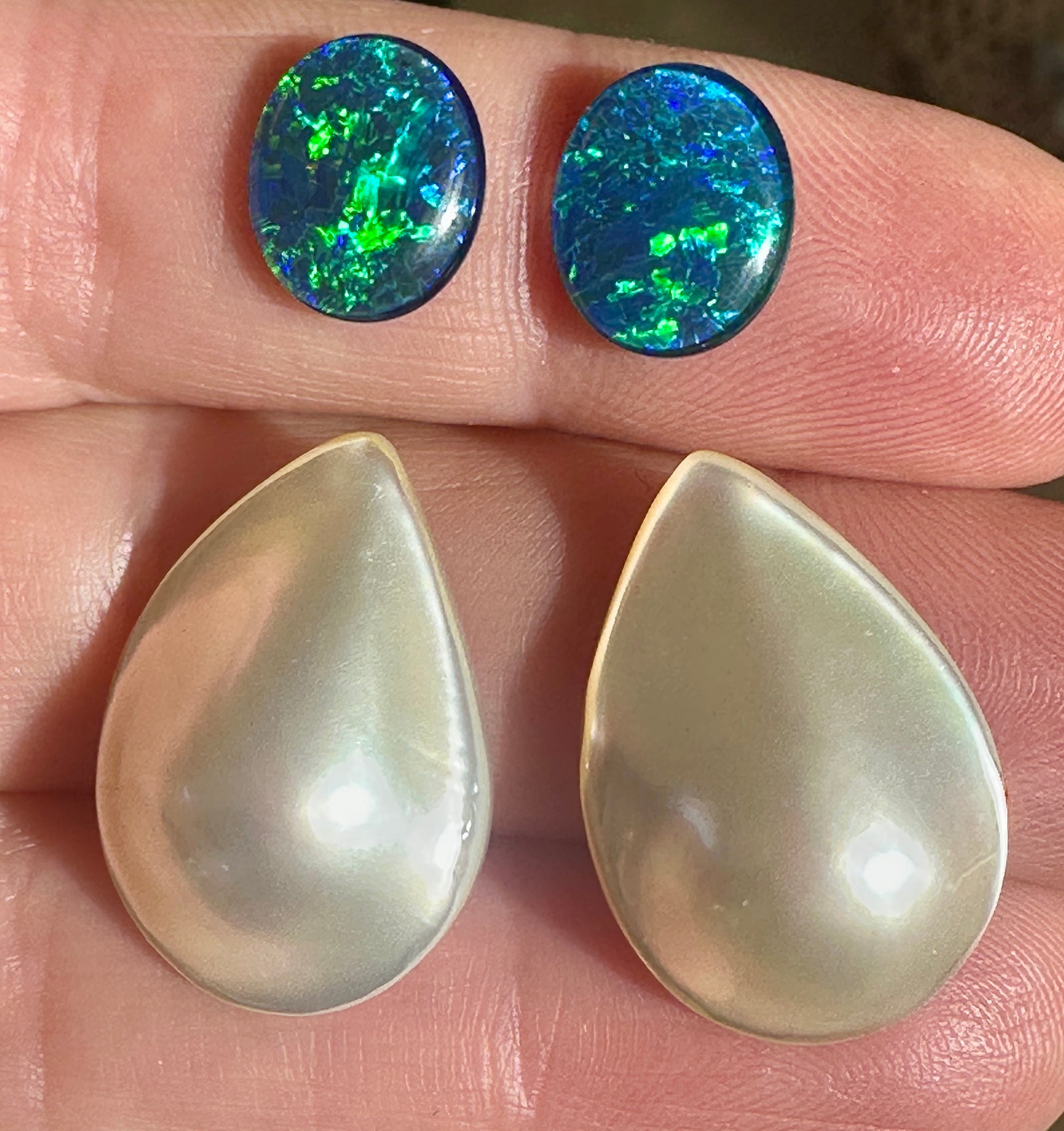 Opal Essence Australian Mabe pearls and Multicolored Blue/Green Opal Triplets Earring deisgn 
