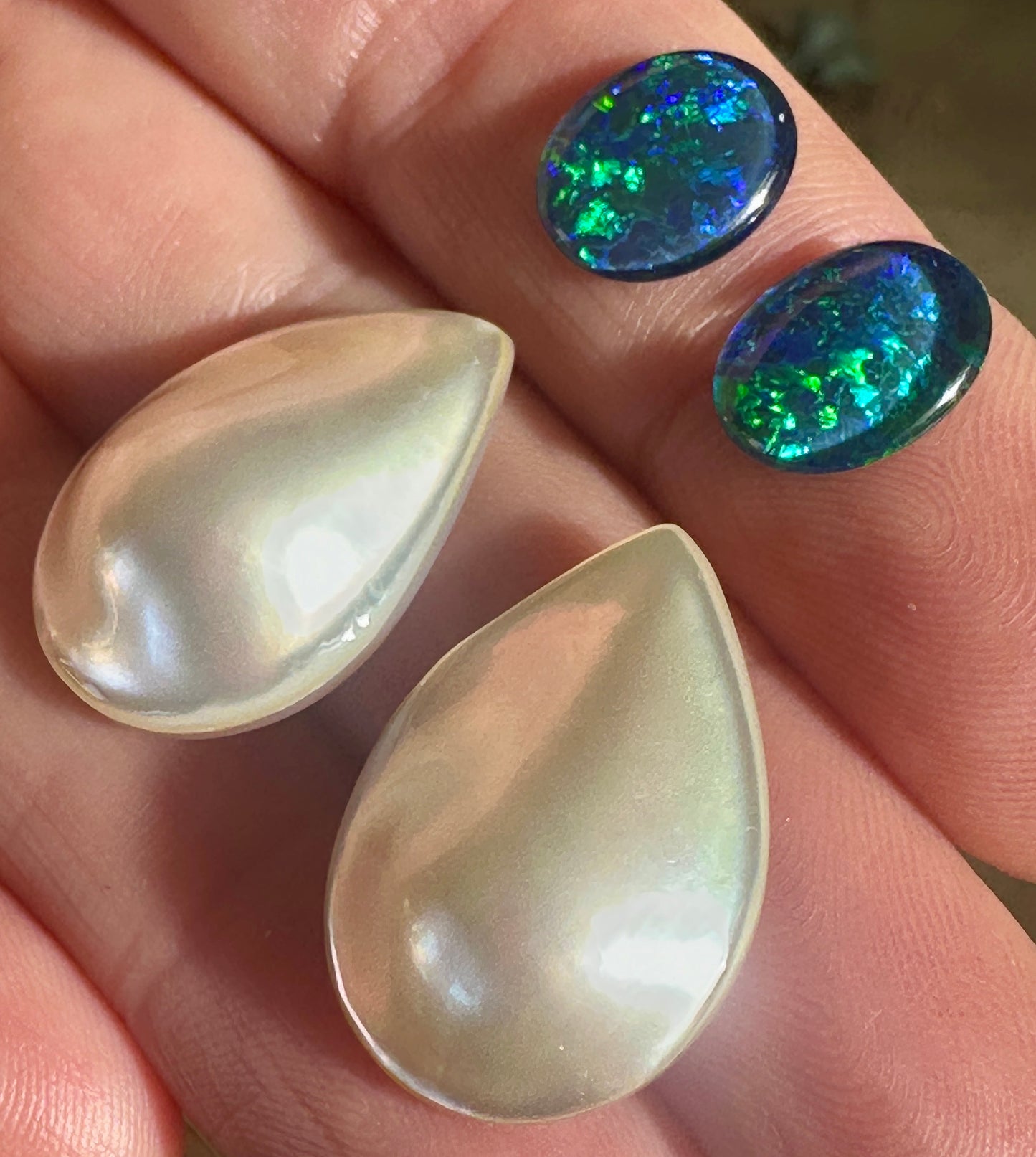 Opal Essence Australian Mabe pearls and Multicolored Blue/Green Opal Triplets Earring deisgn 