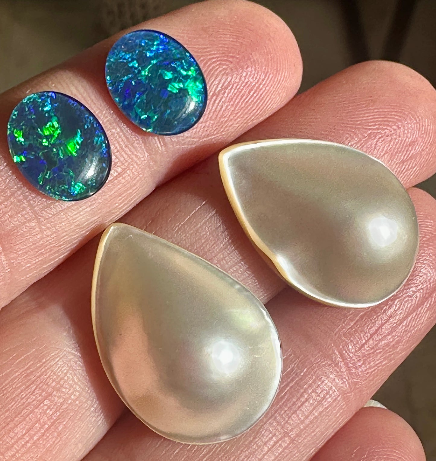 Opal Essence Australian Mabe pearls and Multicolored Blue/Green Opal Triplets Earring deisgn 