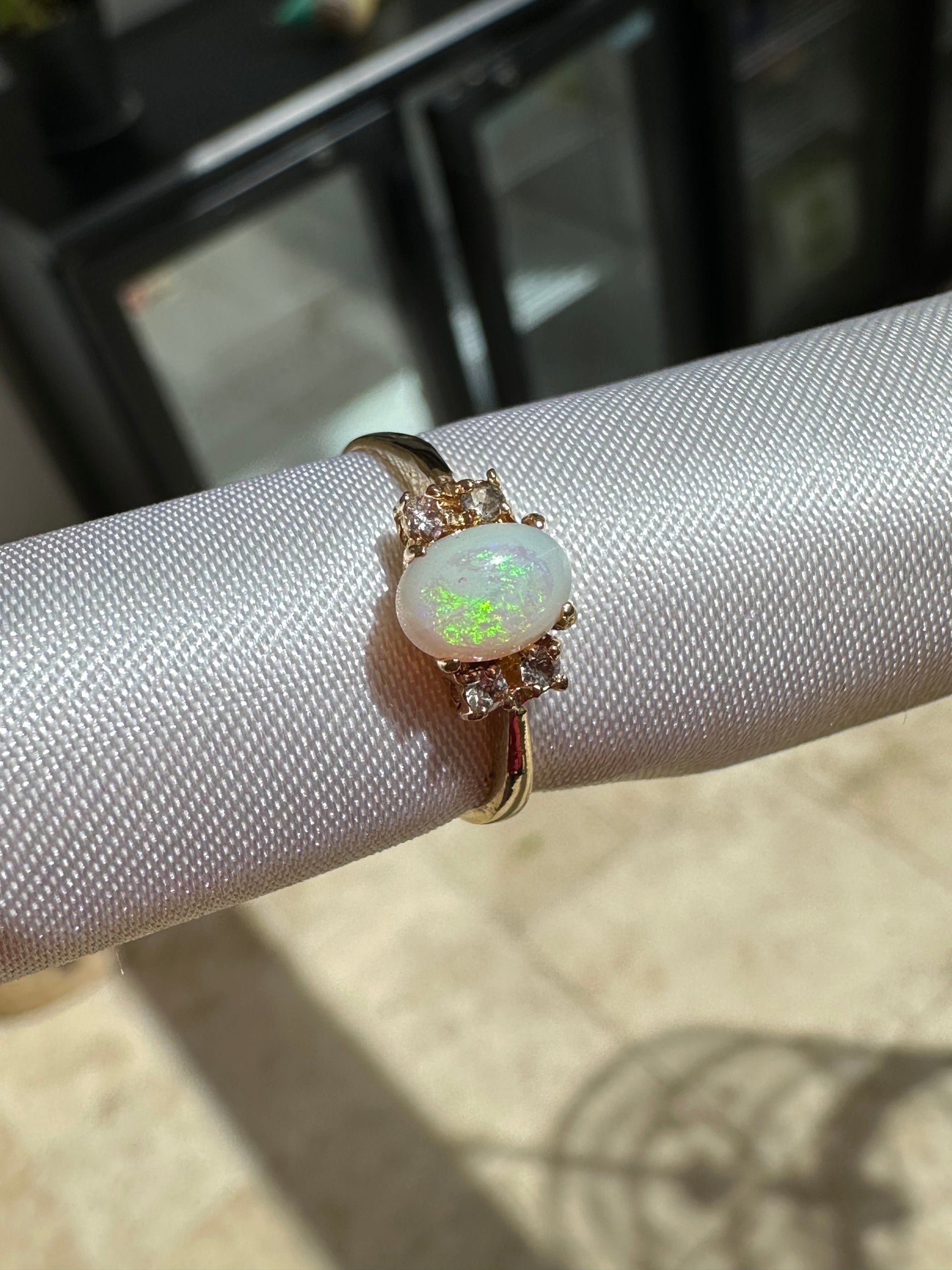 Australian opal ring Gold Plated size 6.5 with cz diamonds