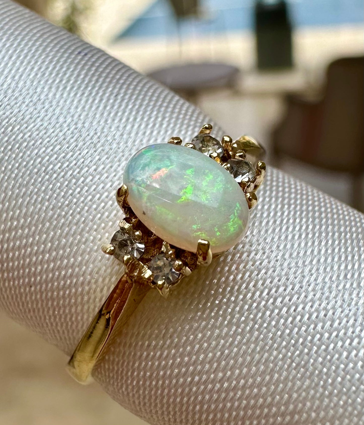 Australian opal ring Gold Plated size 7.5 with cz diamonds
