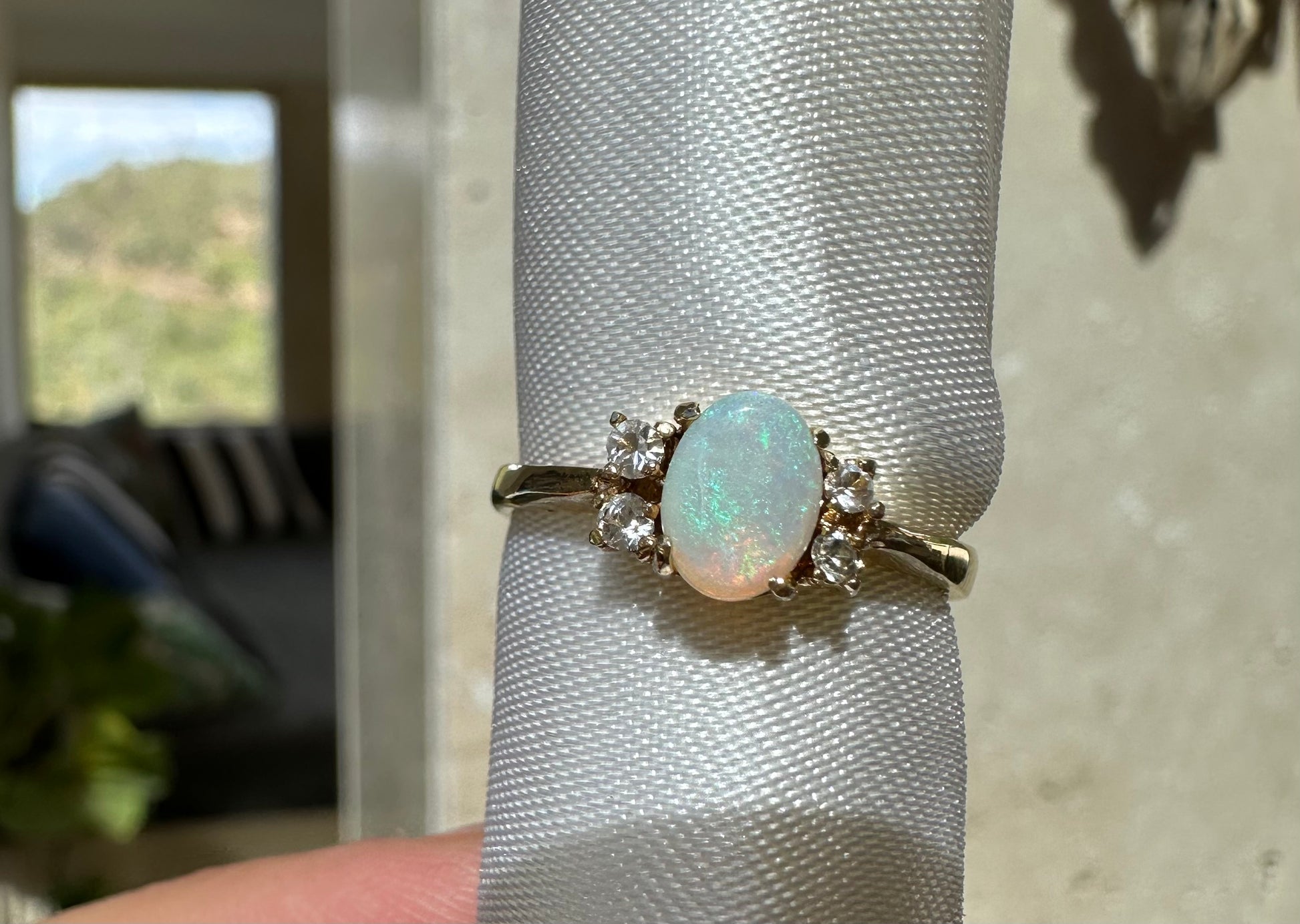 Australian opal ring Gold Plated size 7 with cz diamonds
