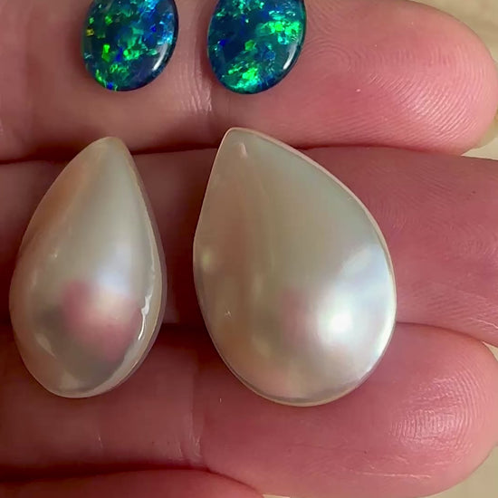 Opal Essence Australian Mabe pearls and Multicolored Blue/Green Opal Triplets Earring deisgn 