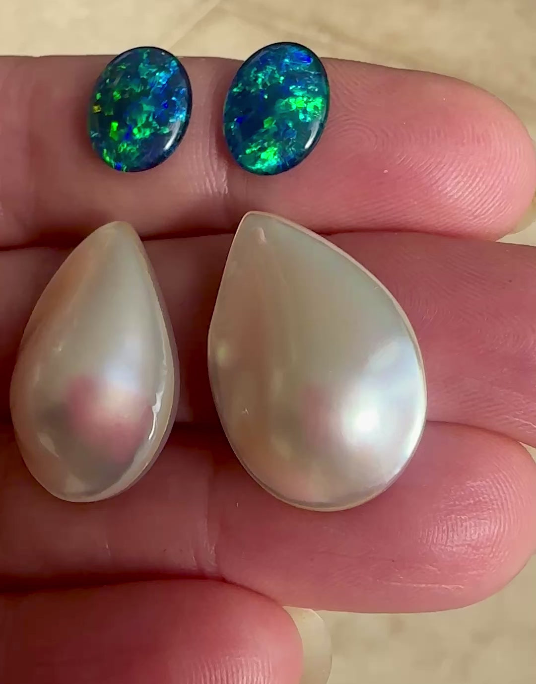 Opal Essence Australian Mabe pearls and Multicolored Blue/Green Opal Triplets Earring deisgn 