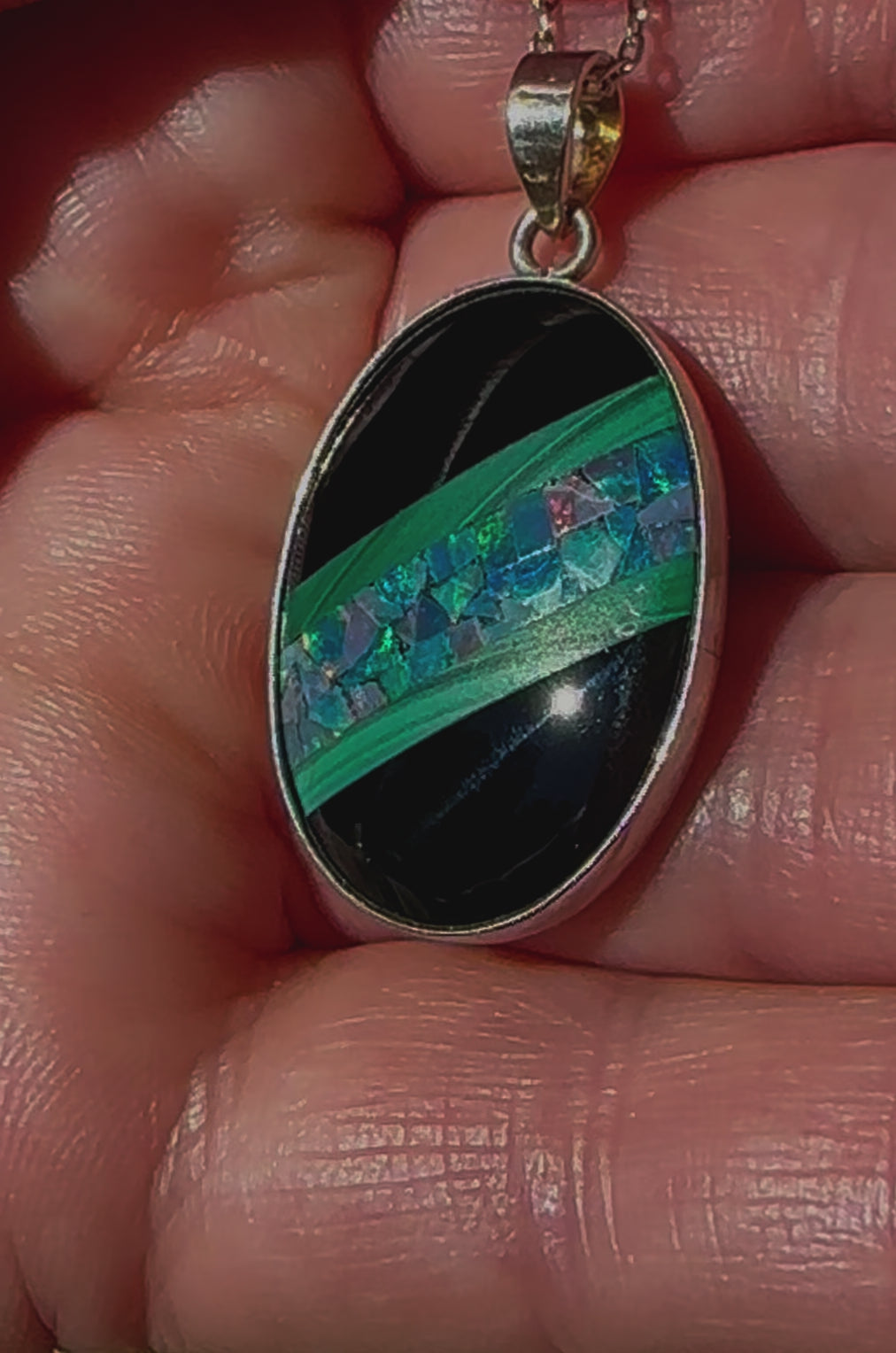 Elegant handmade Australian opal and malachite pendant